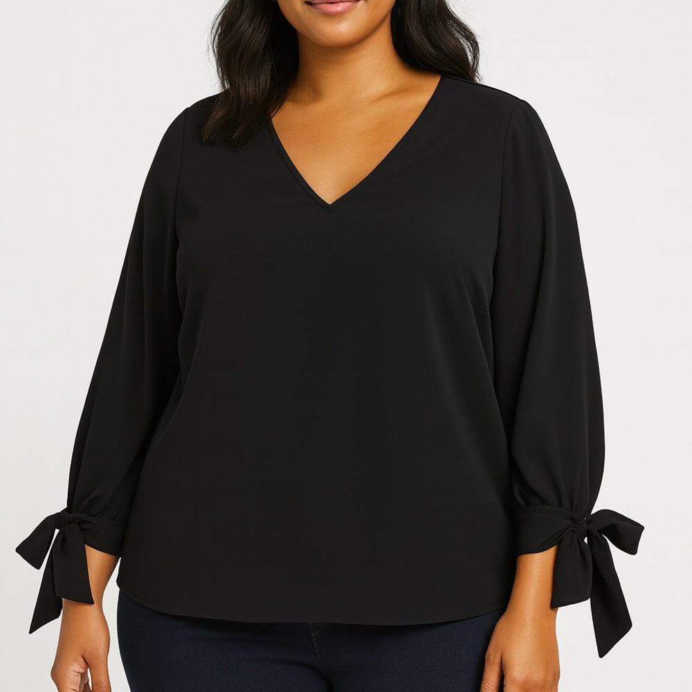 CeCe Blouse Women Plus Size 2X Black Long Sleeve Tie Cuff Top  Polyester‎